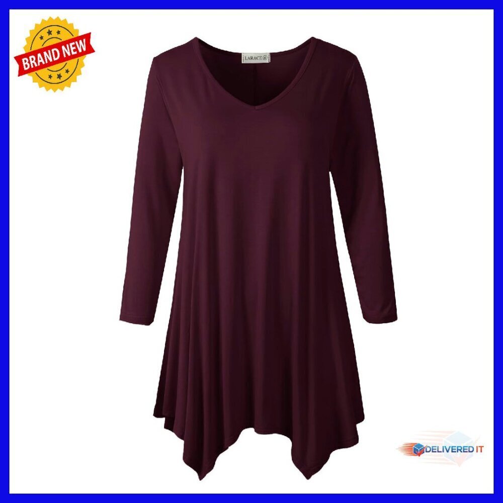 Plus Size Tunic Top 3/4 Sleeve V Neck Flowy Asymmetrical Shirt